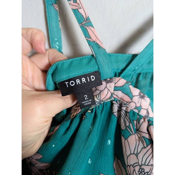 Torrid green & pink floral metallic swiss dot cold shoulder strappy neck top 2X - Picture 5 of 7